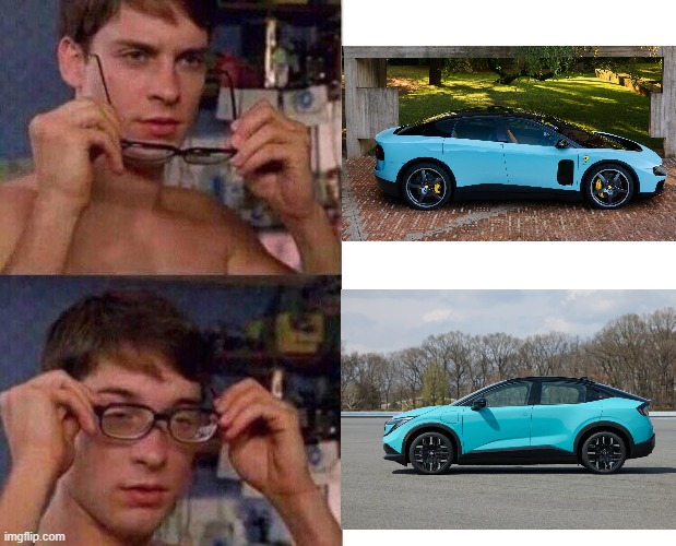new electric ferrari | image tagged in spiderman glasses | made w/ Imgflip meme maker
