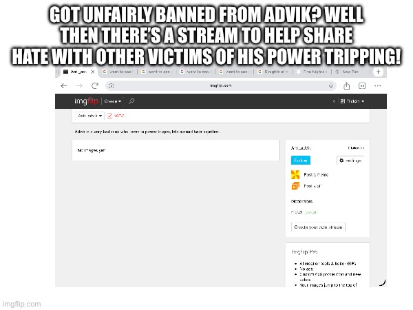 I wouldn’t of started this is advik didn’t power tripper. | Got unfairly banned from advik? Well then there’s a stream to help share hate with other victims of his power tripping! | made w/ Imgflip meme maker