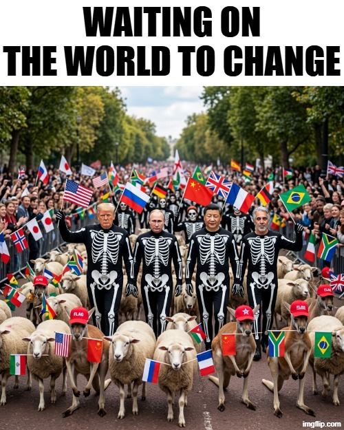 WAITING ON THE WORLD TO CHANGE | WAITING ON THE WORLD TO CHANGE | image tagged in waiting skeleton,politics,two buttons,jim halpert explains,and just like that,political meme | made w/ Imgflip meme maker