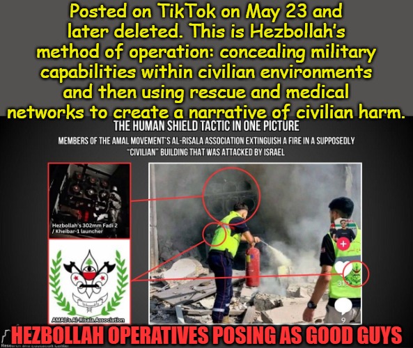 Who believes everything Hezbollah says? Raise your hands high now. | Posted on TikTok on May 23 and later deleted. This is Hezbollah’s method of operation: concealing military capabilities within civilian environments and then using rescue and medical networks to create a narrative of civilian harm. Hezbollah operatives posing as good guys | image tagged in manipulation | made w/ Imgflip meme maker