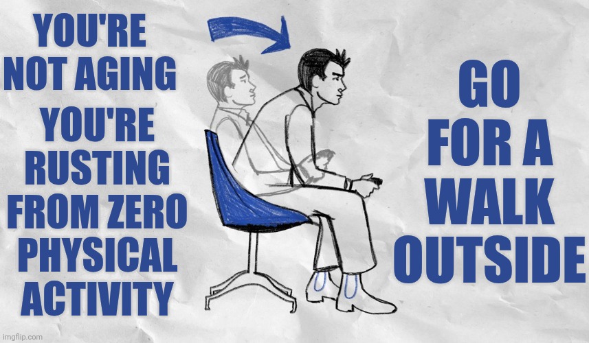 Move Your Body Not Just Your Mind | GO FOR A WALK OUTSIDE; You're rusting from zero physical activity; You're not aging | image tagged in lean forward in your chair,exercise,physical activity,go outside,disconnect,memes | made w/ Imgflip meme maker