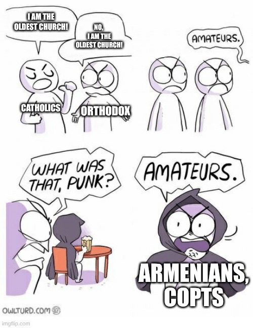 Churches | I am the oldest church! No, 
I am the oldest church! catholics; Orthodox; Armenians, Copts | image tagged in amateurs | made w/ Imgflip meme maker
