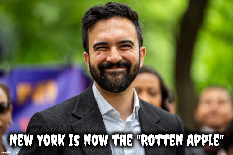 Zohran Mamdani grinning | New York is now the "Rotten Apple" | image tagged in zohran mamdani grinning | made w/ Imgflip meme maker