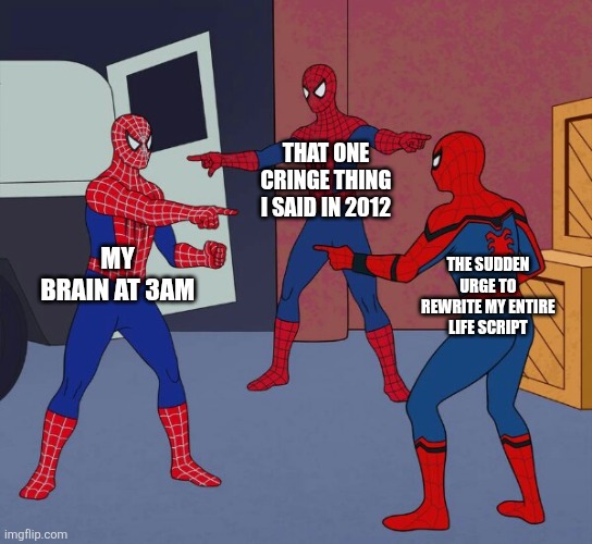 Wait a minute | THAT ONE CRINGE THING I SAID IN 2012; MY BRAIN AT 3AM; THE SUDDEN URGE TO REWRITE MY ENTIRE LIFE SCRIPT | image tagged in spider man triple | made w/ Imgflip meme maker