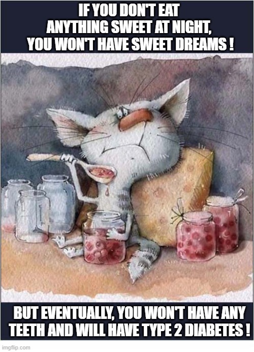 A Strange Little Russian Cat Cartoon | If you don't eat
anything sweet at night,
 you won't have sweet dreams ! but eventually, you won't have any
teeth and will have type 2 diabetes ! | image tagged in cats,russian,cartoon,sweet dreams | made w/ Imgflip meme maker