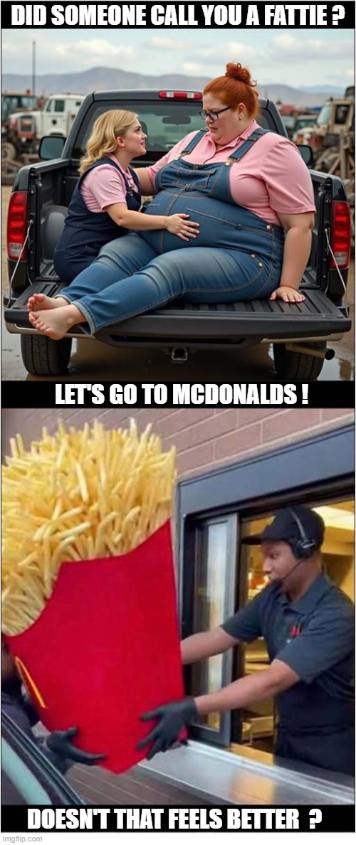 And She Wonders Why She Is Fat ! | Did Someone Call You A Fattie ? Let's Go To McDonalds ! Doesn't that feels better  ? | image tagged in comfort eating,obese,mcdonalds,giant,fries,fat shaming | made w/ Imgflip meme maker