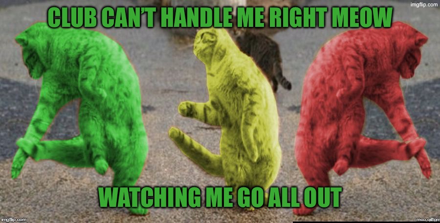Three Dancing RayCats | Club can’t handle me right meow; Watching me go all out | image tagged in three dancing raycats | made w/ Imgflip meme maker