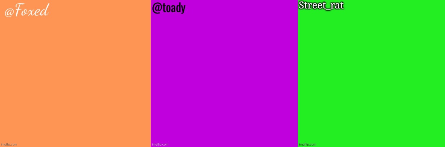 image tagged in foxed orange temp,toady purple temp,rat green temp | made w/ Imgflip meme maker