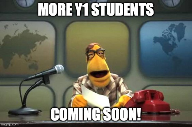 more y1 students | more Y1 students; coming soon! | image tagged in muppet news flash,students | made w/ Imgflip meme maker