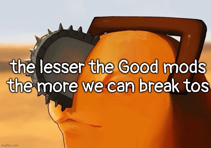 Pochita Cooked | the lesser the Good mods the more we can break tos | image tagged in pochita cooked | made w/ Imgflip meme maker