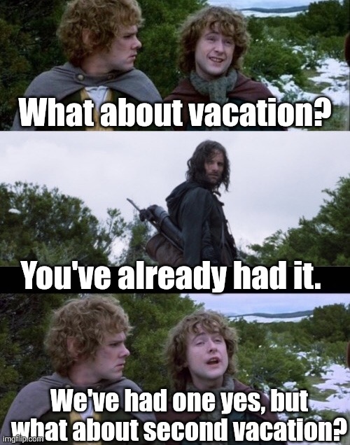 What about Second Vacation? | What about vacation? You've already had it. We've had one yes, but what about second vacation? | image tagged in pippin second breakfast,lotr,merry and pippin,vacation,holidays | made w/ Imgflip meme maker