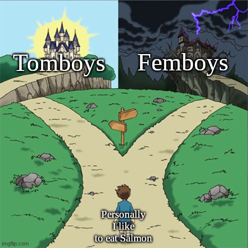 I love fih | Femboys; Tomboys; Personally I like to eat Salmon | image tagged in two paths | made w/ Imgflip meme maker