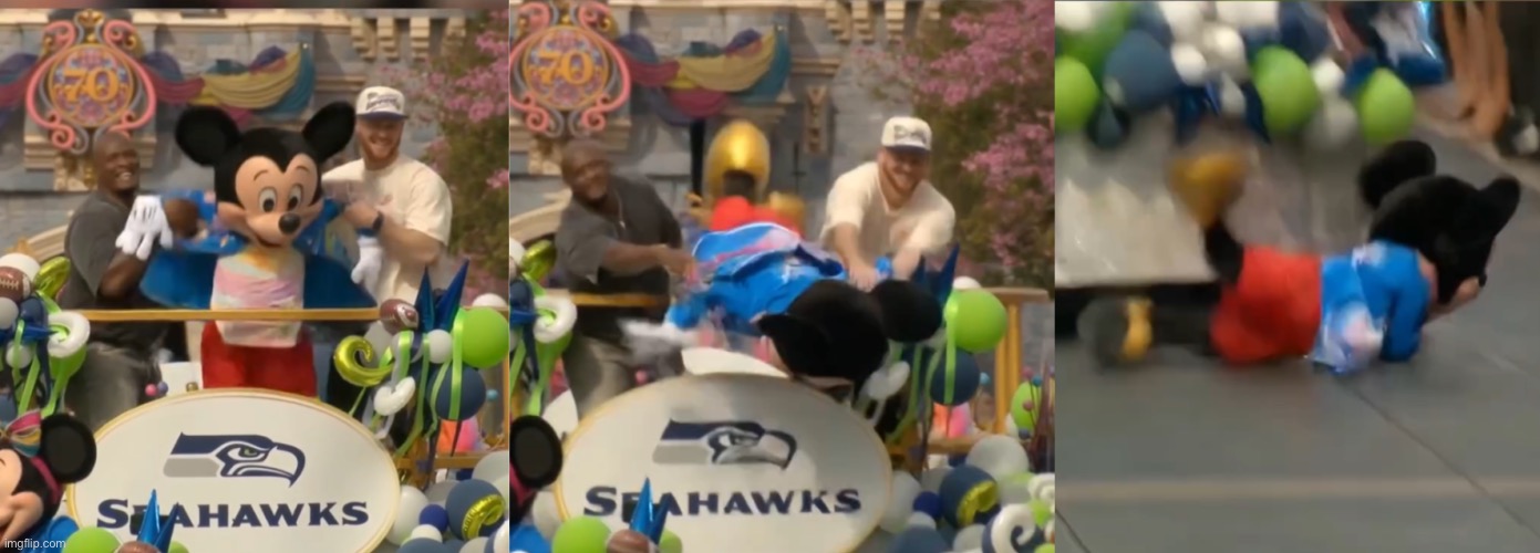 Sam Darnold throws Mickey off parade float (already goofy ahh meme that’s funnier than son and as funny as Pingas) | image tagged in sam darnold,super bowl,mickey mouse,disneyland,goofy ahh,ai meme | made w/ Imgflip meme maker