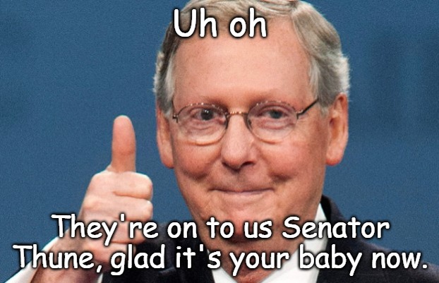 trump republicans and guns | Uh oh They're on to us Senator Thune, glad it's your baby now. | image tagged in trump republicans and guns | made w/ Imgflip meme maker