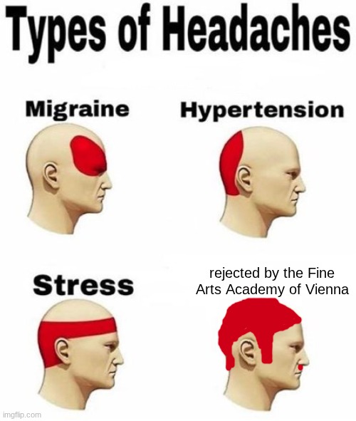 here comes a batch of memes with this temp | rejected by the Fine Arts Academy of Vienna | image tagged in types of headaches cleared | made w/ Imgflip meme maker