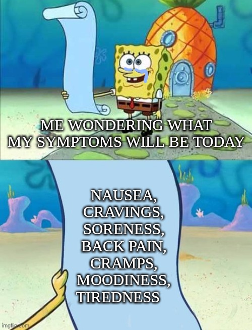 Isn't being a woman lovely? | Me wondering what my symptoms will be today; Nausea, cravings, soreness, back pain, cramps, moodiness, tiredness | image tagged in spongebob's list of | made w/ Imgflip meme maker