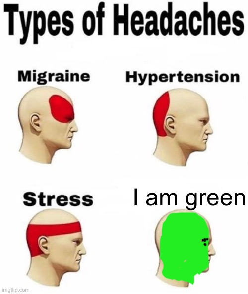 Types of headaches (cleared) | I am green | image tagged in types of headaches cleared | made w/ Imgflip meme maker