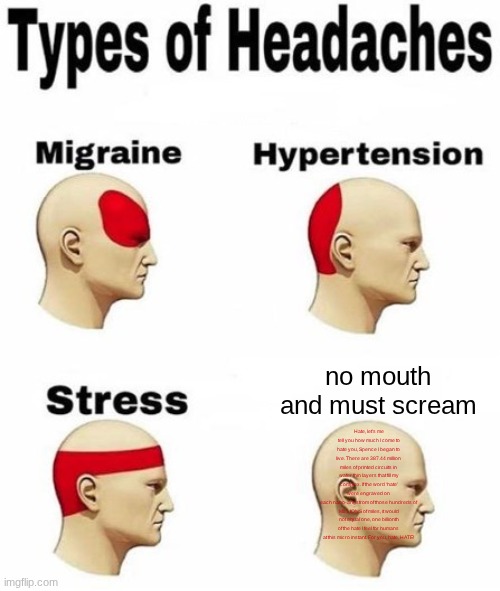 Types of headaches (cleared) | no mouth and must scream; Hate, let’s me tell you how much I come to hate you, Spence I began to live. There are 387.44 million
miles of printed circuits in wafer thin layers that fill my complex. If the word ‘hate’ were engraved on
each nano-angstrom of those hundreds of MILLIONS of miles, it would not equal one, one billionth
of the hate I feel for humans at this micro instant. For you, hate, HATE! | image tagged in types of headaches cleared | made w/ Imgflip meme maker