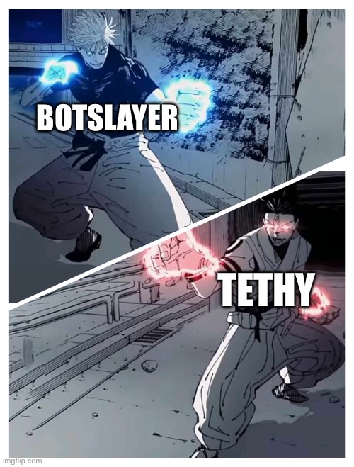 Botslayer feeling hes better when homie just another him | Botslayer; Tethy | image tagged in gojo vs sukuna meme template | made w/ Imgflip meme maker