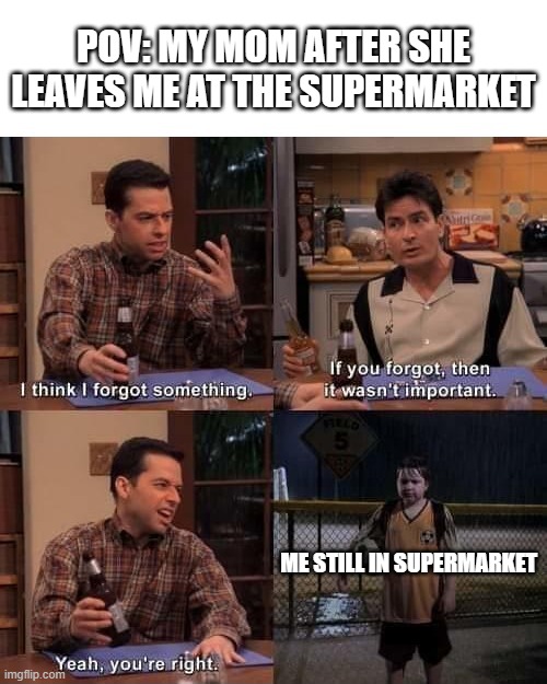 2 and a Half Men Forgot Something (Textboxes Fixed) | pov: My mom after she leaves me at the supermarket; me still in supermarket | image tagged in 2 and a half men forgot something textboxes fixed | made w/ Imgflip meme maker