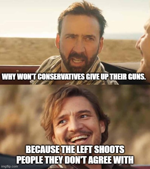 Nicolas Cage and Pedro Pascal | why won't conservatives give up their guns. Because the left shoots people they don't agree with | image tagged in nicolas cage and pedro pascal,conservatives,leftists,shoot,agree,guns | made w/ Imgflip meme maker