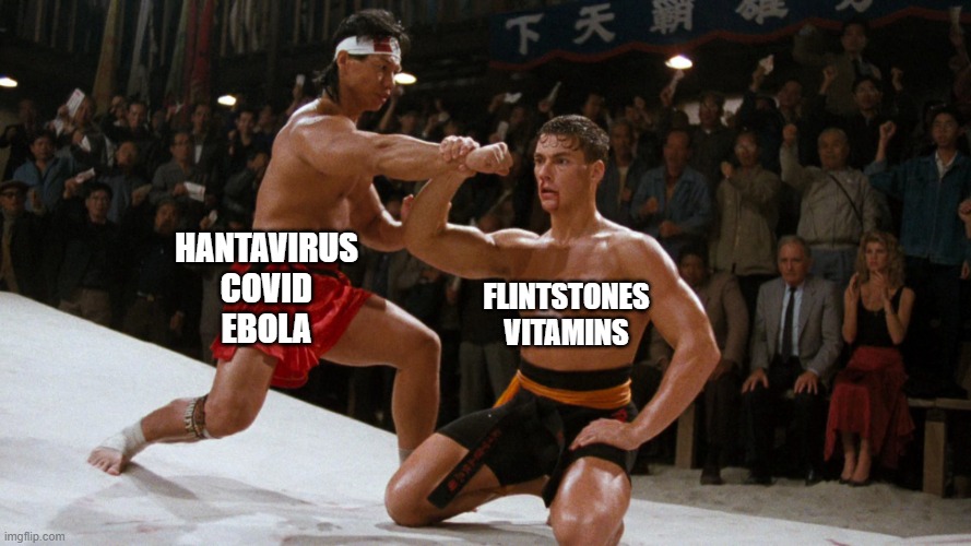 say your prayers and take your vitamins | flintstones vitamins; Hantavirus
covid
ebola | image tagged in bloodsport,covid,ebola,flintstones,virus | made w/ Imgflip meme maker
