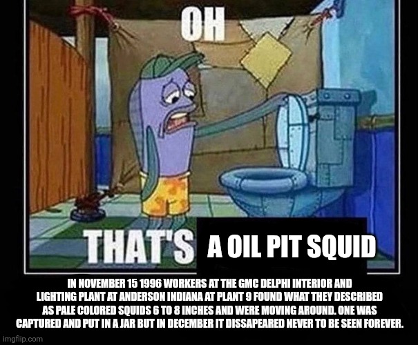 scary meme | A OIL PIT SQUID; in november 15 1996 workers at the gmc delphi interior and lighting plant at anderson indiana at plant 9 found what they described as pale colored squids 6 to 8 inches and were moving around. one was captured and put in a jar but in december it dissapeared never to be seen forever. | image tagged in oh that s,squid | made w/ Imgflip meme maker