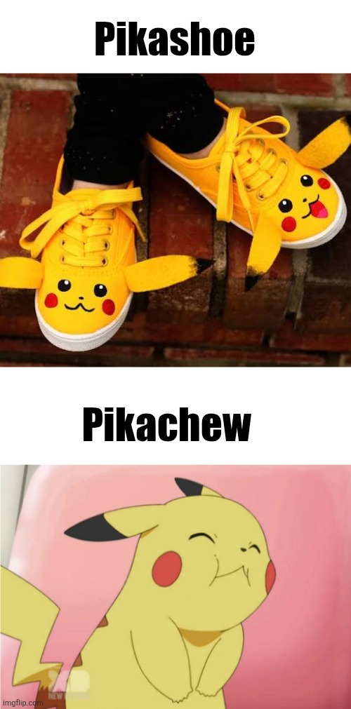 Other silly names for pikachu | Pikashoe; Pikachew | image tagged in blank white template,pikachu eating cake | made w/ Imgflip meme maker