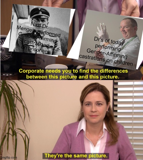 They're The Same Picture Meme | Nazi Dr. Mengele performed Gender-Affirming castrations on prisoners; Dr's of today performing Gender-Affirming castrations on children | image tagged in memes,they're the same picture | made w/ Imgflip meme maker