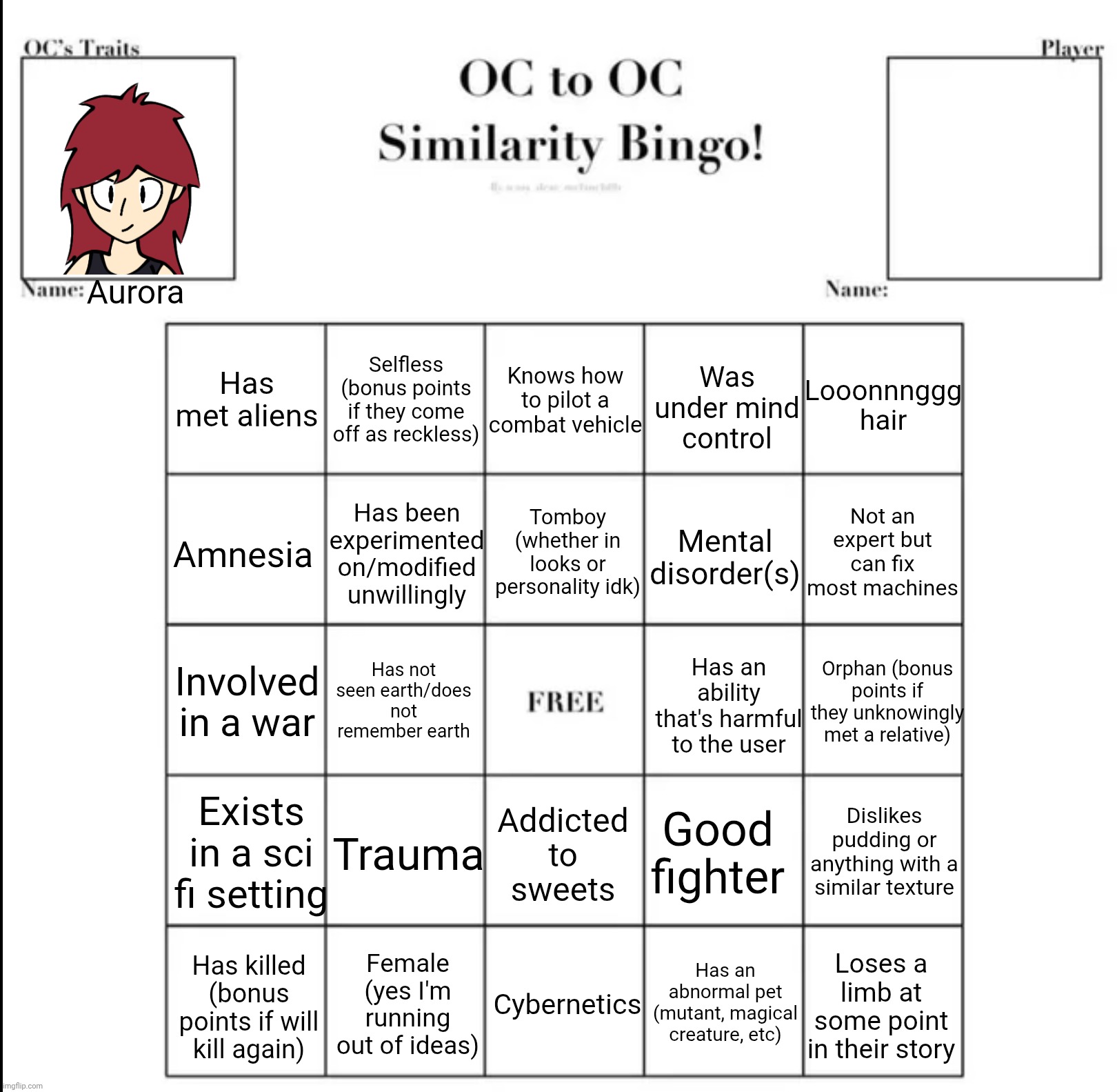 New bingo trend here we go (blank image in comments) | Aurora; Has met aliens; Knows how to pilot a combat vehicle; Looonnnggg hair; Selfless (bonus points if they come off as reckless); Was under mind control; Not an expert but can fix most machines; Tomboy (whether in looks or personality idk); Has been experimented on/modified unwillingly; Mental disorder(s); Amnesia; Has an ability that's harmful to the user; Has not seen earth/does not remember earth; Involved in a war; Orphan (bonus points if they unknowingly met a relative); Trauma; Exists in a sci fi setting; Addicted to sweets; Dislikes pudding or anything with a similar texture; Good fighter; Has an abnormal pet (mutant, magical creature, etc); Female (yes I'm running out of ideas); Loses a limb at some point in their story; Cybernetics; Has killed (bonus points if will kill again) | made w/ Imgflip meme maker