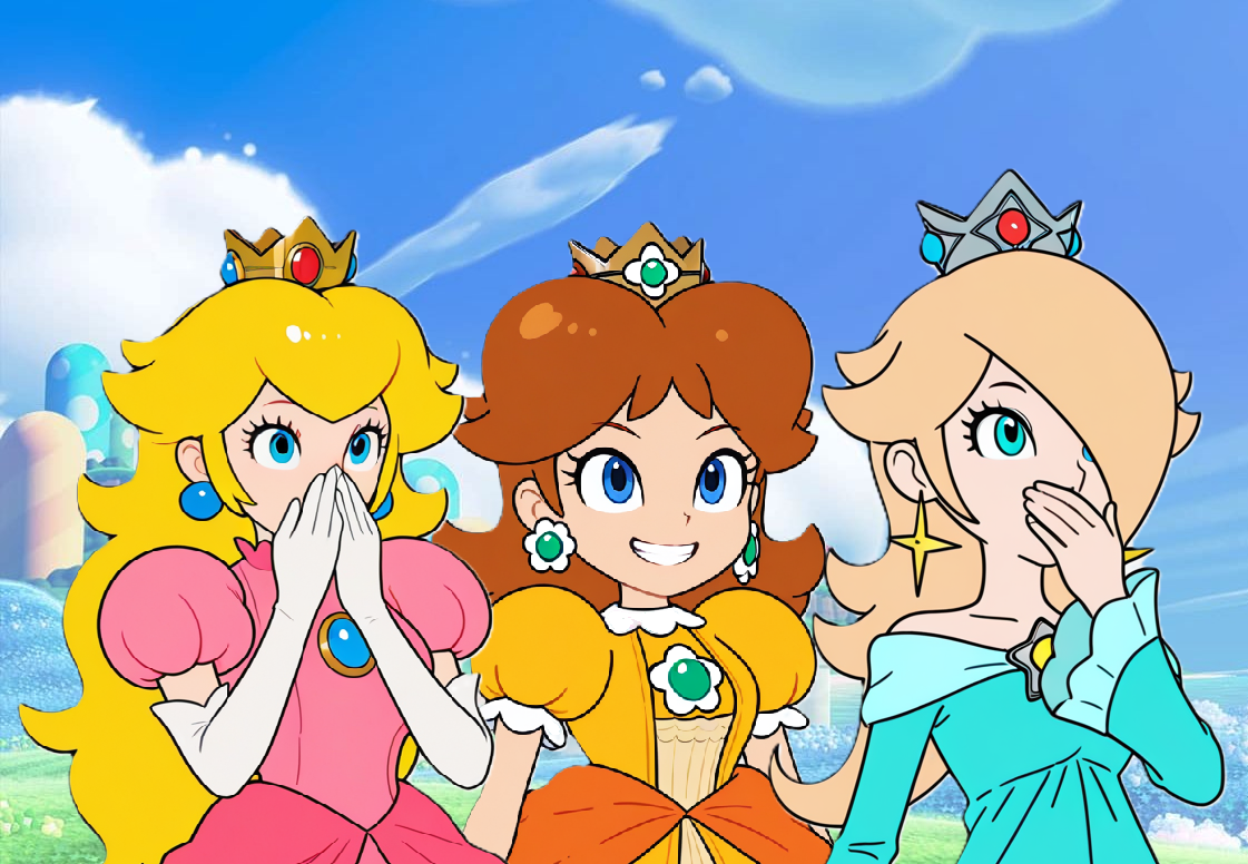 Two shocked princesses and one smiling Daisy Blank Meme Template