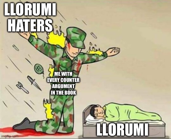 i will defend this ship | llorumi haters; me with every counter argument in the book; llorumi | image tagged in soldier protecting sleeping child | made w/ Imgflip meme maker