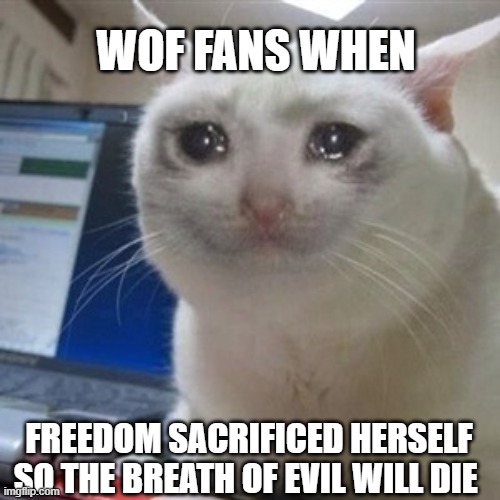 you did this be honest | wof fans when; freedom sacrificed herself so the breath of evil will die | image tagged in crying cat | made w/ Imgflip meme maker