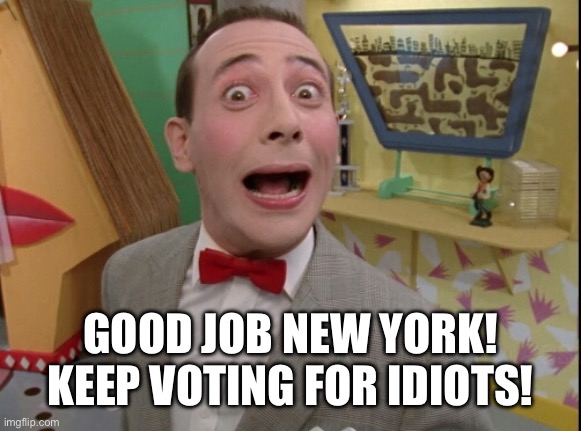 Peewee Herman secret word of the day | Good Job New York! Keep voting for idiots! | image tagged in peewee herman secret word of the day | made w/ Imgflip meme maker