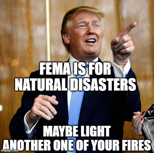 Donal Trump Birthday | FEMA is for natural disasters maybe light another one of your fires | image tagged in donal trump birthday | made w/ Imgflip meme maker