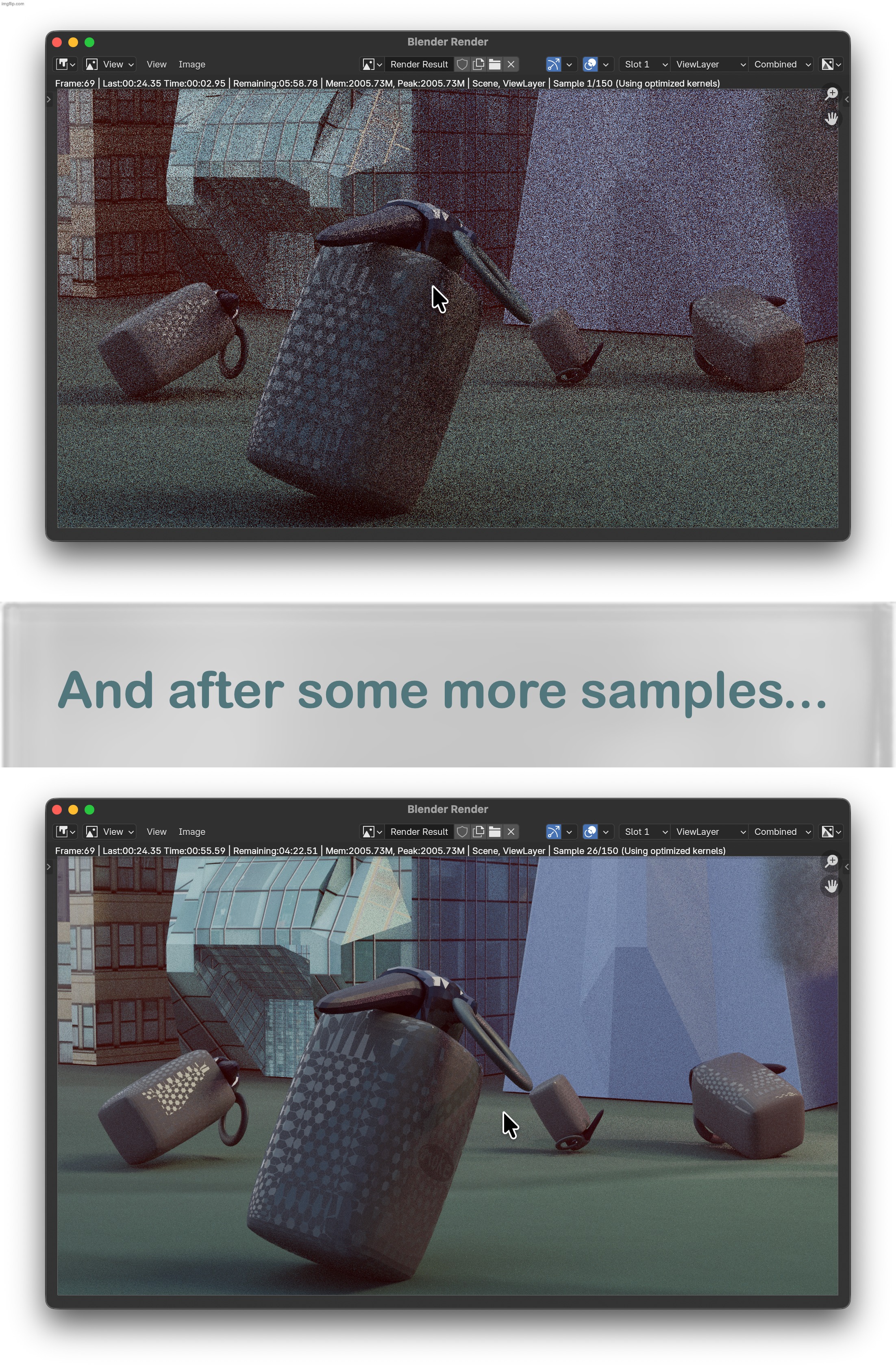 It's a pretty big difference, only 25 samples later. | And after some more samples... | image tagged in blender,3d,modeling,cycles,samples comparison,juxtaposition | made w/ Imgflip meme maker