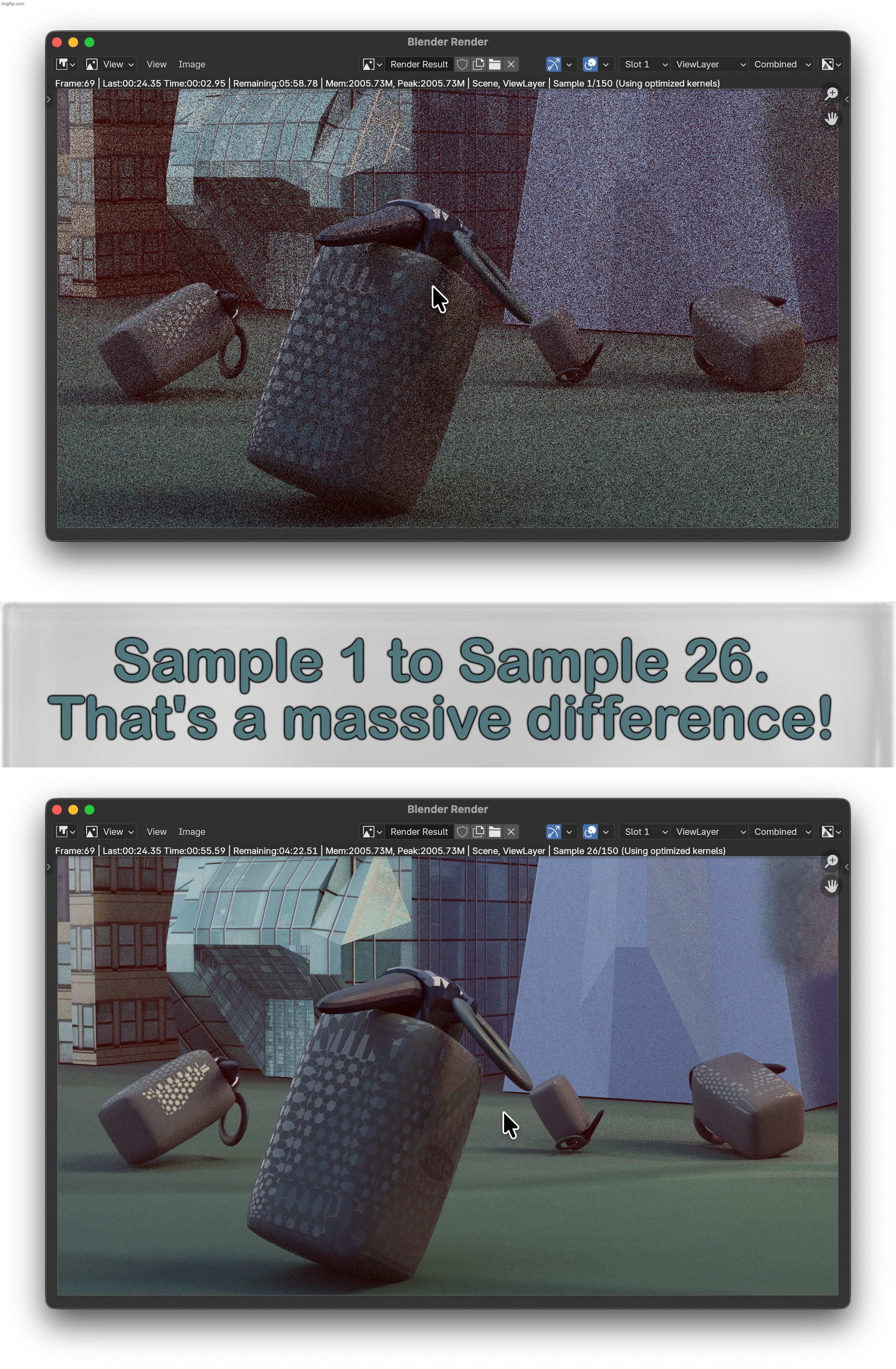Sample 1 to Sample 26. That's a massive difference! | image tagged in bledner,blender,3d,modeling,sample comparison,juxtaposition | made w/ Imgflip meme maker