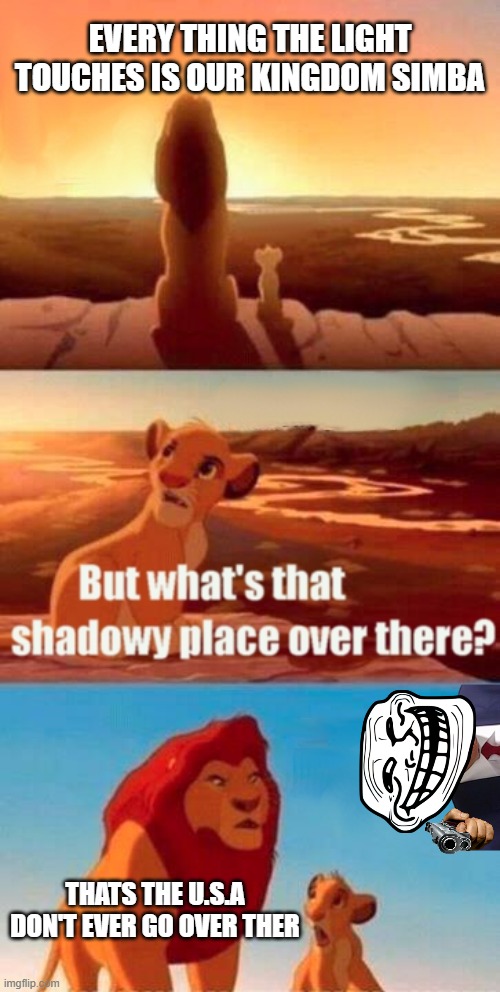 Simba Shadowy Place Meme | every thing the light touches is our kingdom simba; thats the U.S.A don't ever go over ther | image tagged in memes,simba shadowy place | made w/ Imgflip meme maker