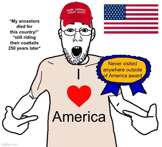Wait, this actually IS kinda fun. | “My ancestors died for this country!” *still riding their coattails 250 years later*; Never visited anywhere outside of America award; I; America | image tagged in soyjak i love x shirt | made w/ Imgflip meme maker