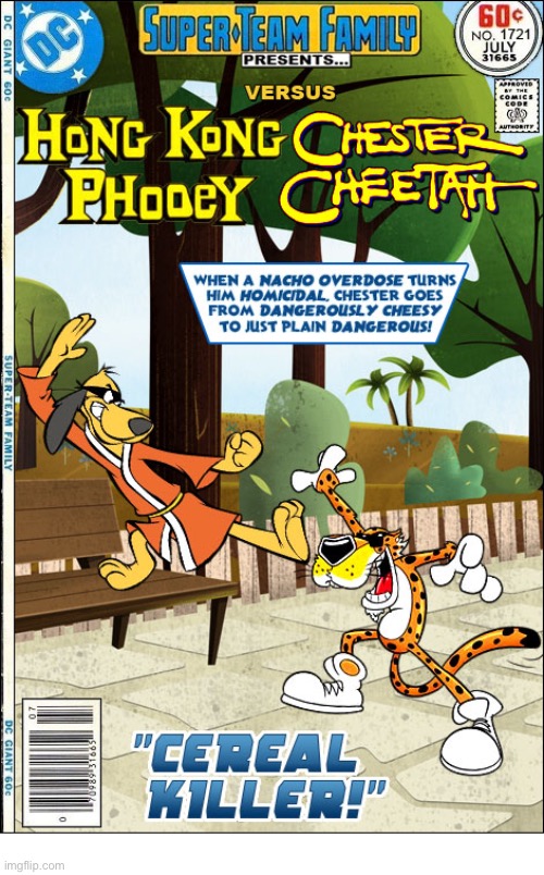 The cheese really hits the fan when these two meet up! | image tagged in comics,hong kong phooey,chester cheetah,crossover,super team family,cheetos | made w/ Imgflip meme maker