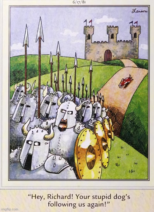 He’s a good dog… | image tagged in the far side,comics,medieval,knights,dog,following | made w/ Imgflip meme maker