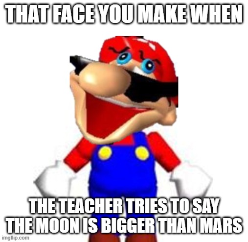 Smg4 Silly Mario | that face you make when; the teacher tries to say the moon is bigger than mars | image tagged in smg4 silly mario | made w/ Imgflip meme maker