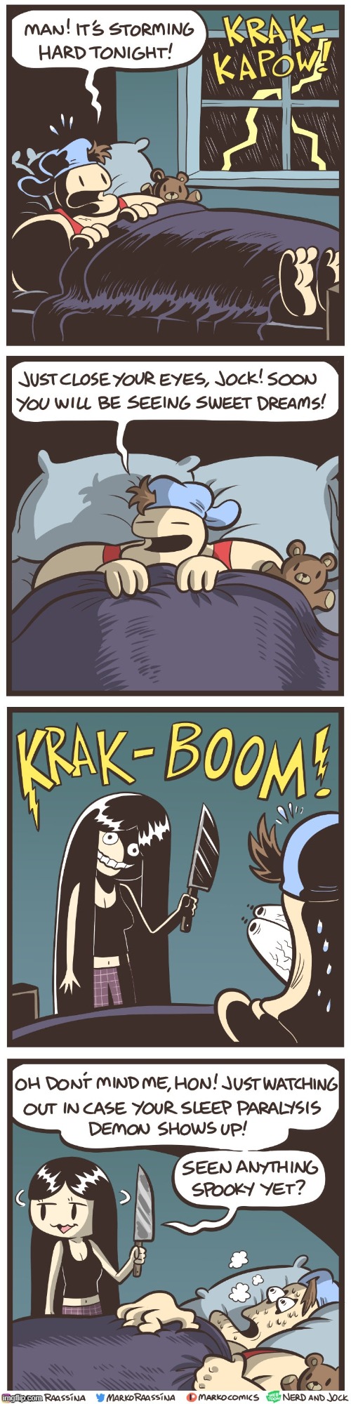 image tagged in jock,sleep,sleeping,olga,knife,sleep paralysis demon | made w/ Imgflip meme maker