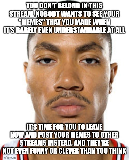 To those who keep making "fill-in memes" here or whatever, I'm kindly advising you to unfollow this stream if you dare. | You don't belong in this stream. Nobody wants to see your "memes" that you made when it's barely even understandable at all; It's time for you to leave now and post your memes to other streams instead, and they're not even funny or clever than you think | image tagged in derrick rose straight face,deviantart,crossover,parody,fill in meme,fill in memes | made w/ Imgflip meme maker