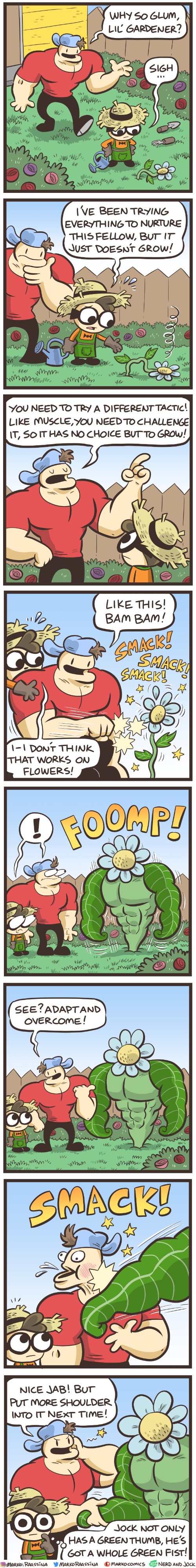 image tagged in nerd,gardening,jock,flower,muscles,wow | made w/ Imgflip meme maker