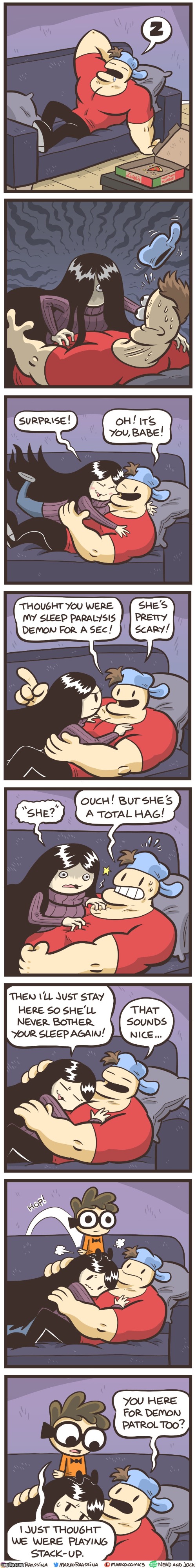 image tagged in jock,olga,sleep paralysis,demon,sleep paralysis demon,nerd | made w/ Imgflip meme maker