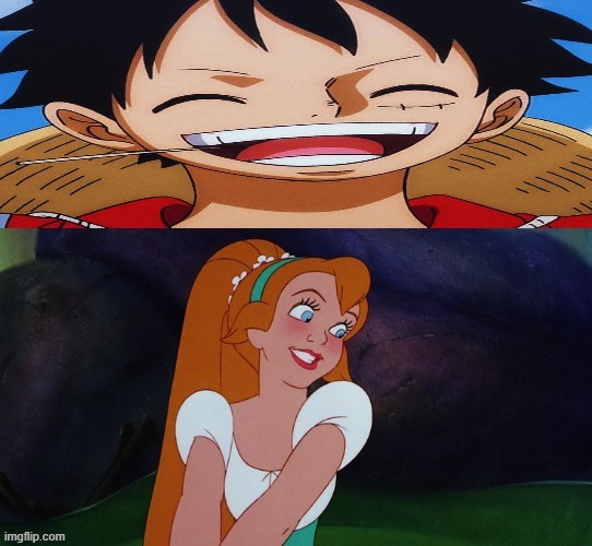 luffy falls in love with thumbelina | image tagged in who falls in love with thumbelina,anime,one piece,crossover memes,don bluth,fairy tail | made w/ Imgflip meme maker