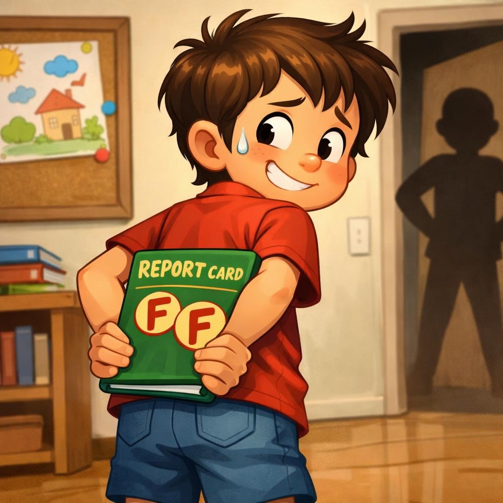 A boy hiding his bad report book Blank Meme Template