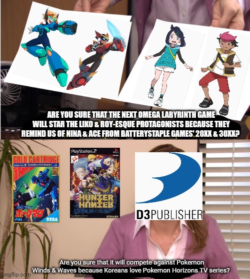 They're The Same Picture Meme | Are you sure that the next Omega Labyrinth game will star the Liko & Roy-esque protagonists because they remind us of Nina & Ace from Batterystaple Games' 20XX & 30XX? Are you sure that it will compete against Pokemon Winds & Waves because Koreans love Pokemon Horizons TV series? | image tagged in memes,they're the same picture,pokemon horizons,omega labyrinth,30xx | made w/ Imgflip meme maker