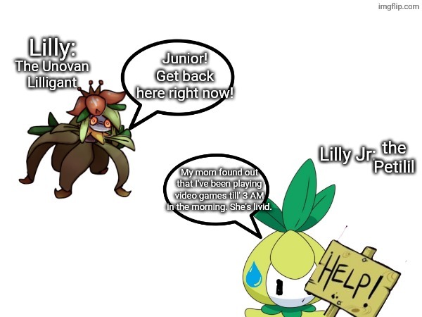 Made this because I want to. Credit to HuggableWeredemon on Deviantart for Lilly's appearance in this image. | The Unovan Lilligant; the Petilil | image tagged in pokemon,lilly,lilly jr | made w/ Imgflip meme maker